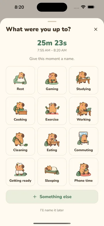 Kapi activity picker after a stopwatch ends, showing a fixed duration, start and end times, and activity choices.