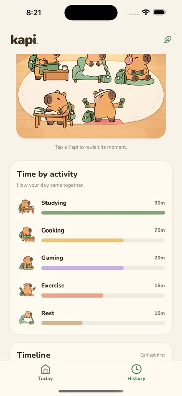 Kapi activity totals showing study, cooking, gaming, exercise and rest in a sample daily journal.